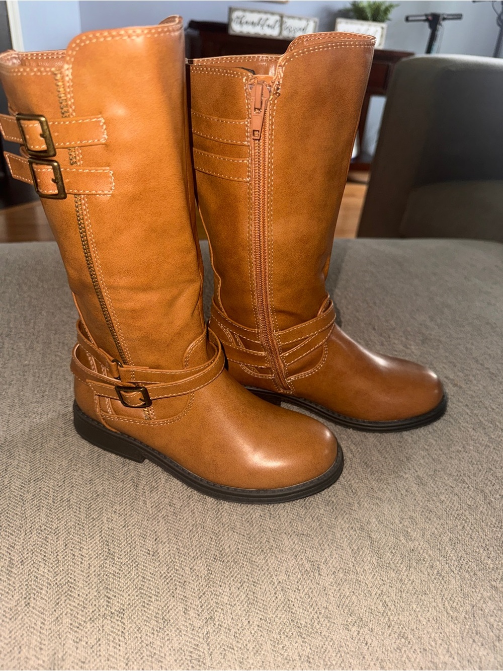 Dream Pairs Girls Tan Riding Boots with Buckle Accents